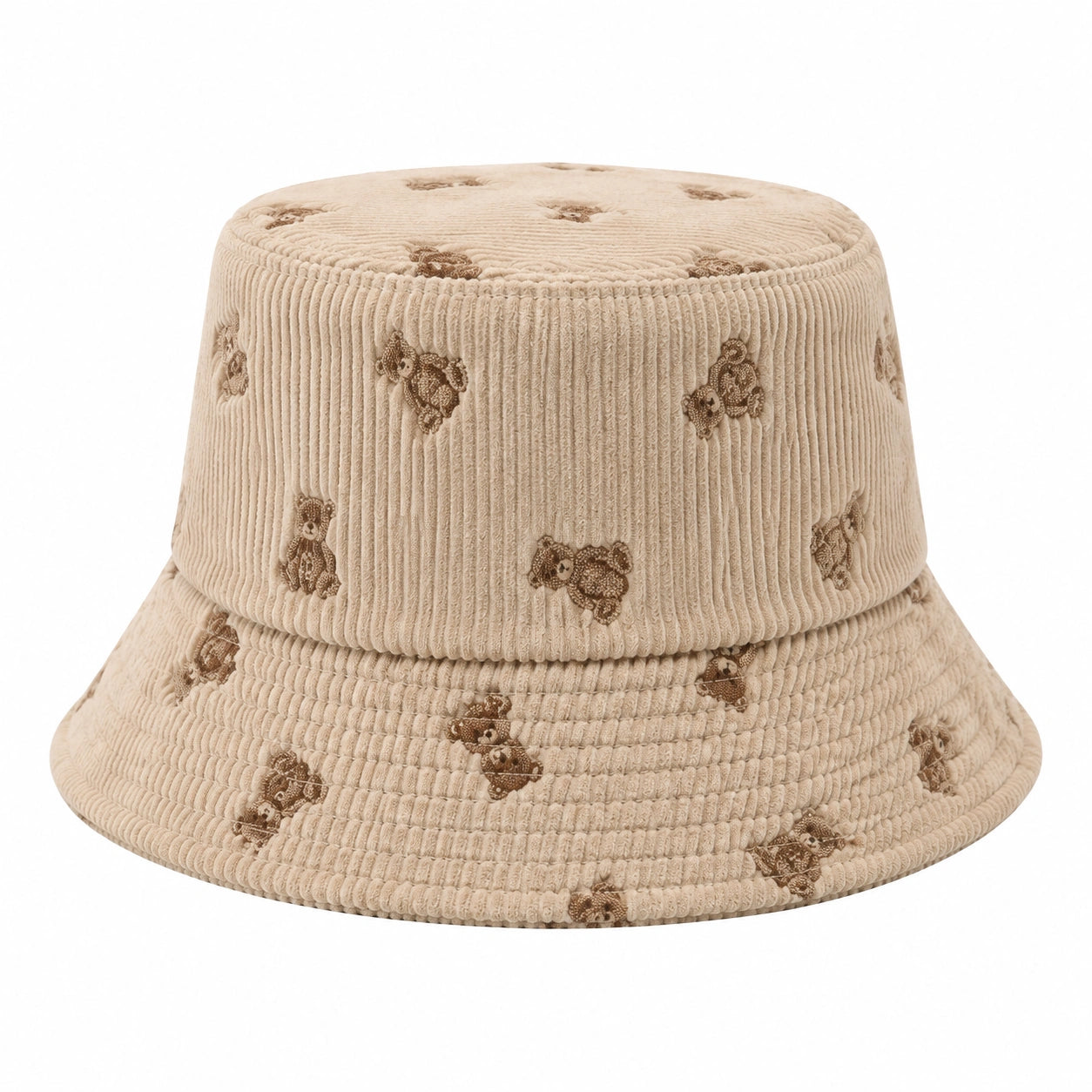 Bucket-Hut Einheitsgröße Beige aus geripptem Textil mit Bärenmuster für den Alltag