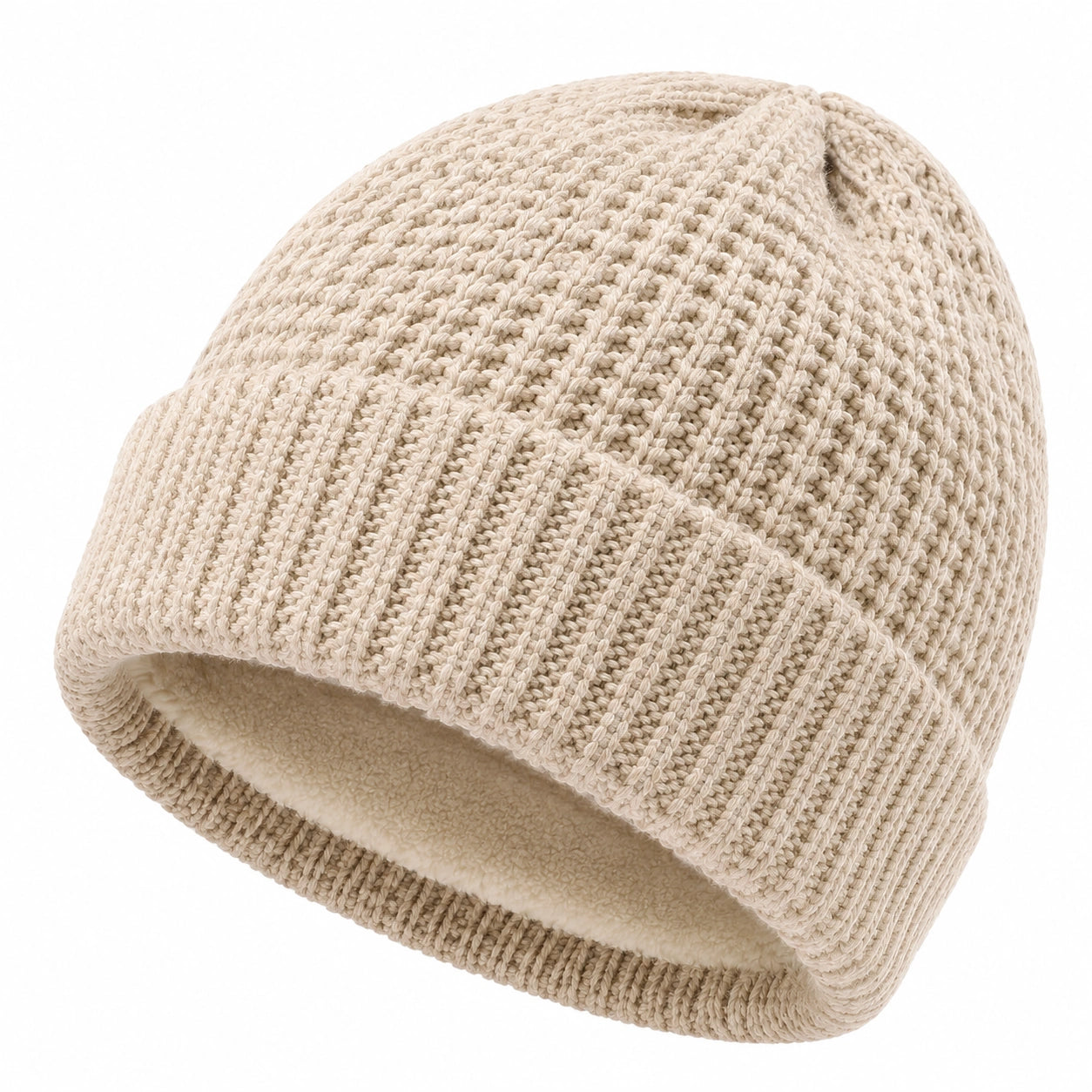 Strickmütze Einheitsgröße Beige mit Fleecefutter für Damen und Herren