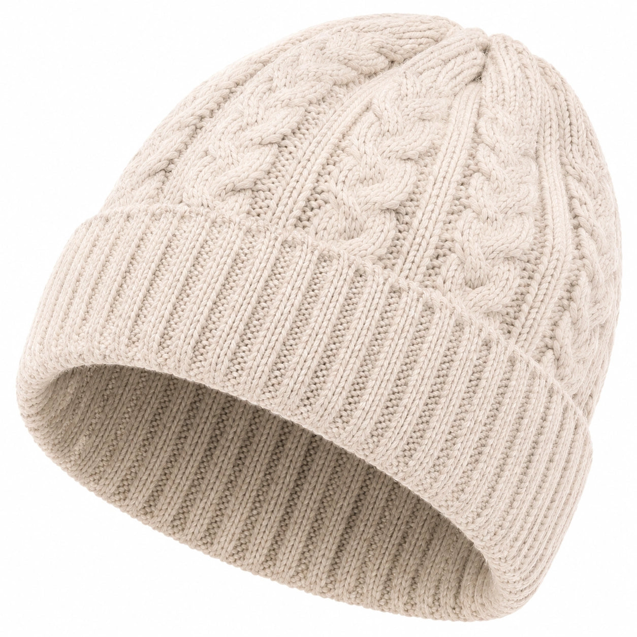Strickmütze Einheitsgröße Creme mit Zopfmuster und geripptem Umschlag