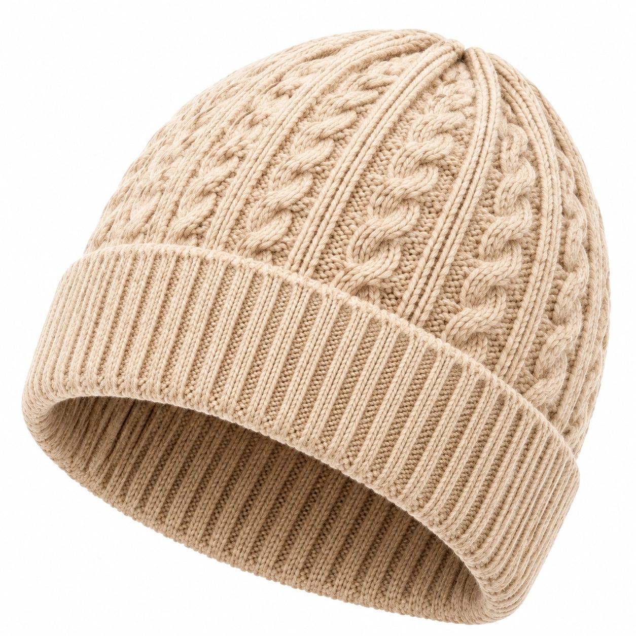 Strickmütze Einheitsgröße Beige mit Zopfmuster und Umschlag